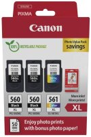 Canon PG-560XLx2/CL-561XL schwarz, color Druckköpfe + Fotopapier, 3er-Set