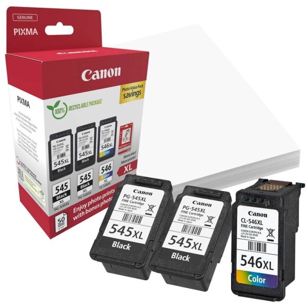 Canon PG-545XLx2/CL-546XL schwarz, color Druckköpfe + Fotopapier, 3er-Set