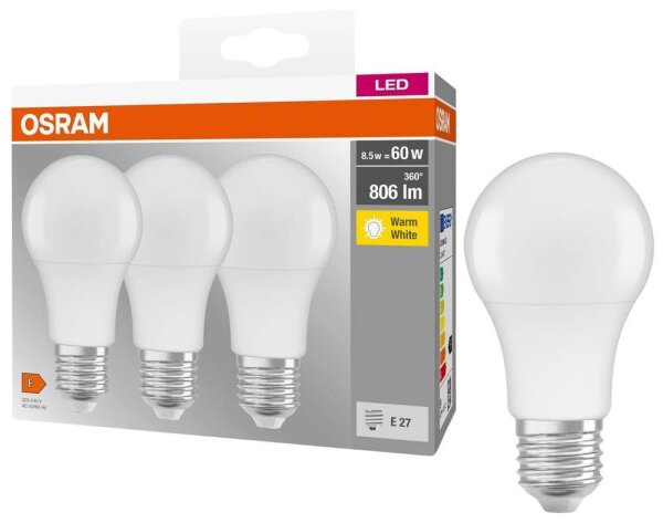 OSRAM LED-Lampen Base CLASSIC A60 Multipack E27 8,5 W matt, 3 St.