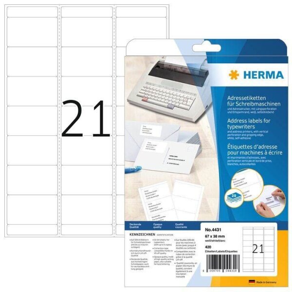 HERMA Adressetiketten 4431 weiß 67,0 x 38,0 mm, 20 Blatt