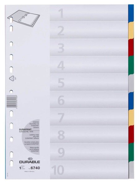 DURABLE Ordnerregister DIN A4 Vollformat blanko blau, gelb, rot, grün, grau 10-teilig, 1 Satz