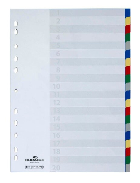 DURABLE Ordnerregister DIN A4 Vollformat blanko blau, gelb, rot, grün, grau 20-teilig, 1 Satz