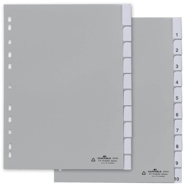 DURABLE Ordnerregister DIN A4 Vollformat 1-10 grau 10-teilig mit Wechseltaben, 1 Satz