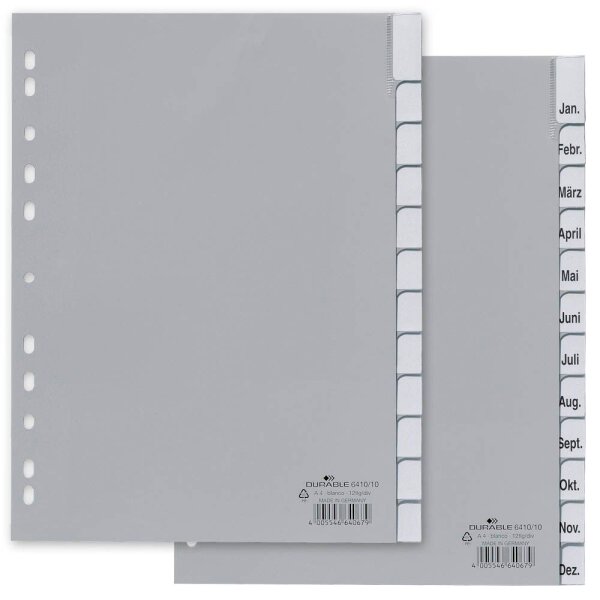 DURABLE Ordnerregister DIN A4 Vollformat Jan.-Dez. grau 12-teilig mit Wechseltaben, 1 Satz