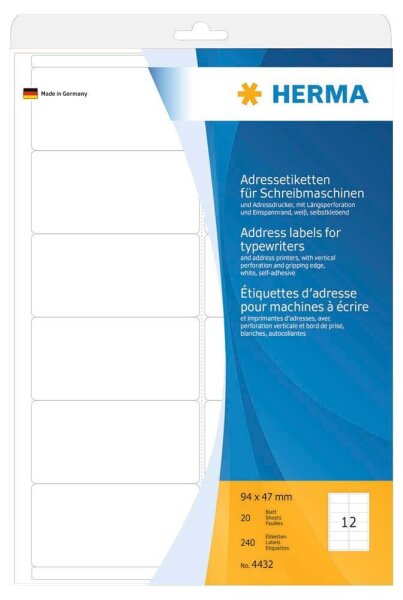 HERMA Adressetiketten 4432 weiß 94,0 x 47,0 mm, 20 Blatt