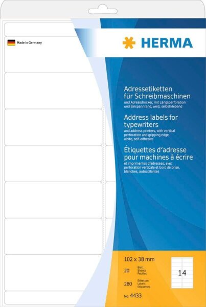 HERMA Adressetiketten 4433 weiß 102,0 x 38,0 mm, 20 Blatt