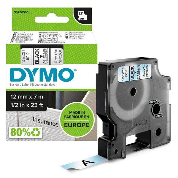 DYMO Schriftband D1 45010 S0720500, 12 mm, schwarz auf transparent, 1 St.