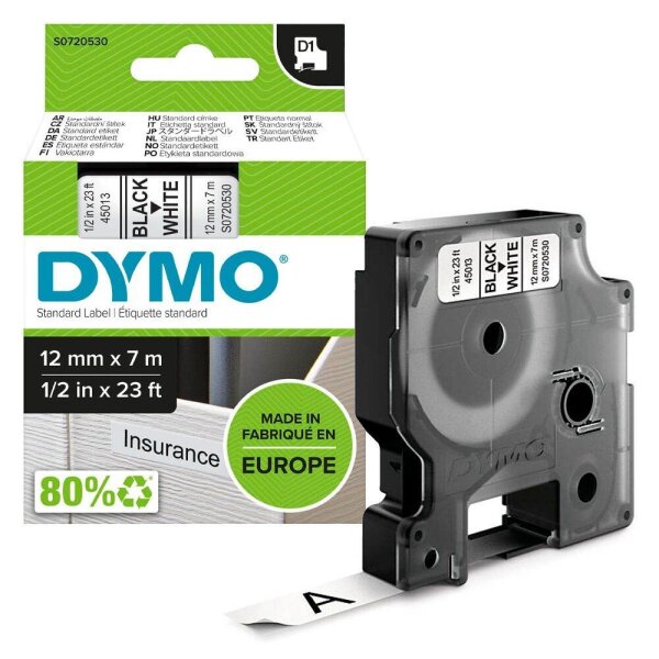 DYMO Schriftband D1 45013 S0720530, 12 mm, schwarz auf weiß, 1 St.