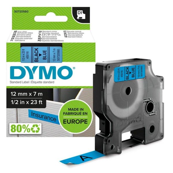 DYMO Schriftband D1 45016 S0720560, 12 mm, schwarz auf blau, 1 St.