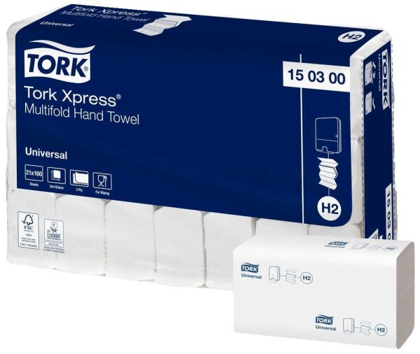 TORK Papierhandtücher 150300 Xpress® H2 Universal Interfold-Falzung 2-lagig weiß, 3.360 Tücher