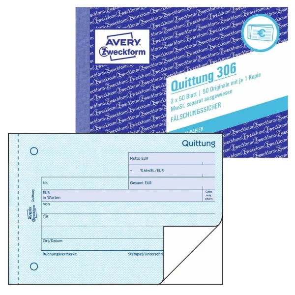 AVERY Zweckform Quittung, MwSt. separat ausgewiesen...