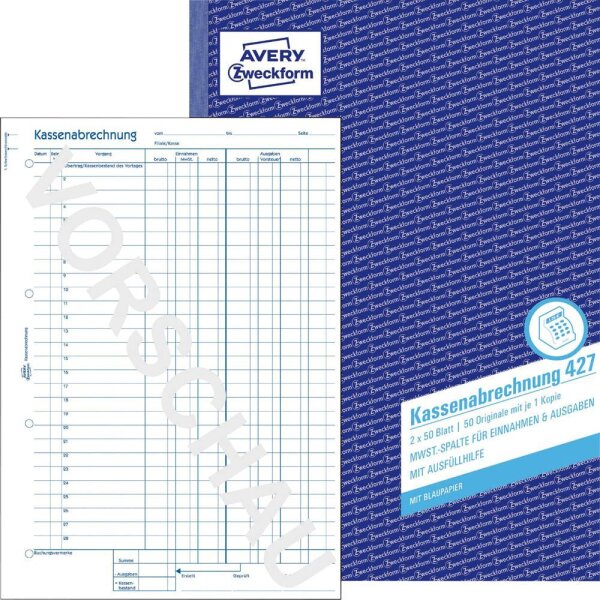 AVERY Zweckform Kassenabrechnung mit MwSt.-Spalte für Einnahmen und Ausgaben Formularbuch 427, 1 St.