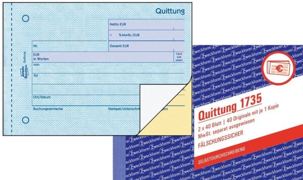 AVERY Zweckform Quittung, MwSt. separat ausgewiesen Formularbuch 1735, 1 St.