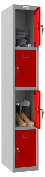 phoenix Spind Locker grau, rot PL1430GRK, 4 Schließfächer 30,0 x 50,0 x 183,0 cm