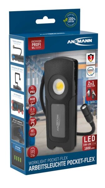 ANSMANN WL1500R Pocket Flex LED Handleuchte schwarz 17,1 cm, Lichtfarbe Hauptlicht 6000K und Zusatzlicht, 1 St.
