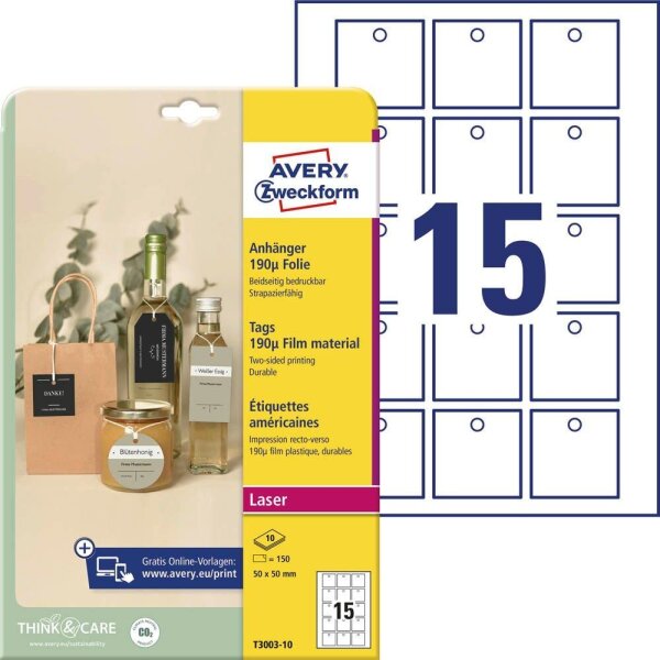 AVERY Zweckform Hängeetiketten weiß 50,0 x 50,0 mm blanko, 150 St.  ( T3003-10 )