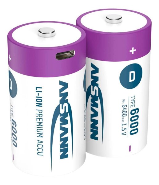 ANSMANN USB-Akkus mit Ladekabel 6000 Li-Ion Mono D 5.400 mAh, 2 St.