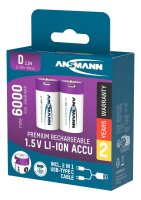 ANSMANN USB-Akkus mit Ladekabel 6000 Li-Ion Mono D 5.400 mAh, 2 St.