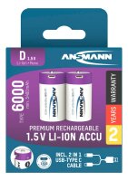 ANSMANN USB-Akkus mit Ladekabel 6000 Li-Ion Mono D 5.400 mAh, 2 St.