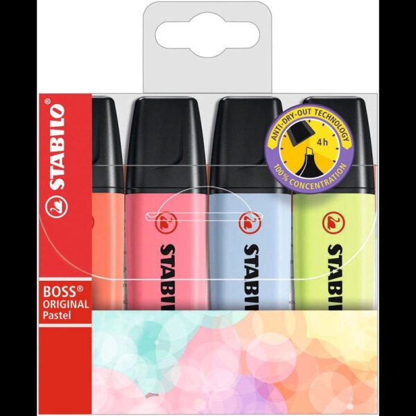 STABILO BOSS ORIGINAL Pastel Textmarker farbsortiert, 4 St.