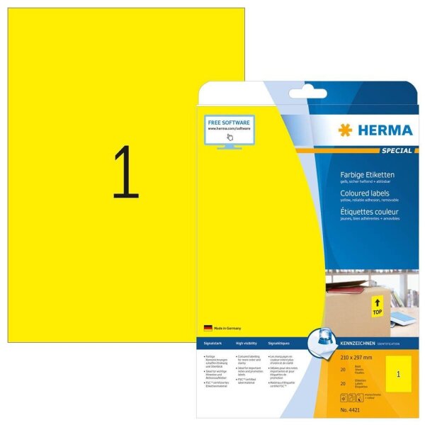 HERMA Etiketten 4421 gelb 210,0 x 297,0 mm, 20 Blatt