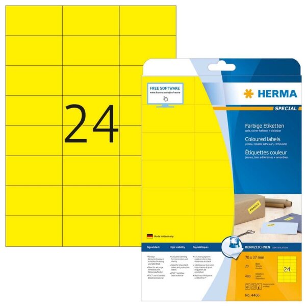 HERMA Etiketten 4466 gelb 70,0 x 37,0 mm, 20 Blatt