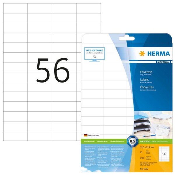 HERMA Etiketten 5052 weiß 52,5 x 21,2 mm, 25 Blatt