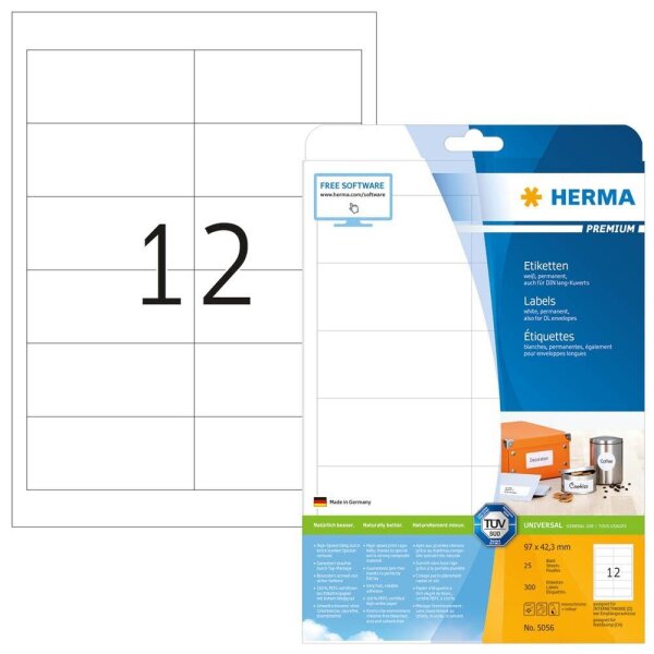 HERMA Etiketten 5056 weiß 97,0 x 42,3 mm, 25 Blatt