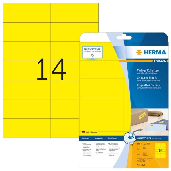 HERMA Etiketten 5058 gelb 105,0 x 42,3 mm, 20 Blatt