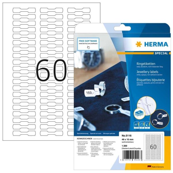 HERMA Schmucketiketten 5116 weiß 49,0 x 10,0 mm, 25 Blatt