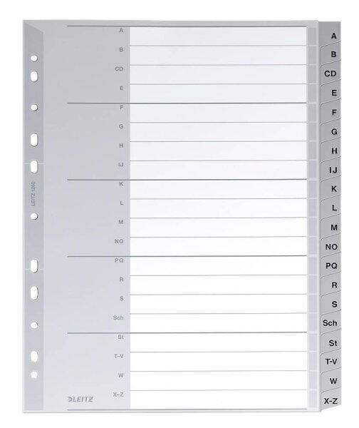 LEITZ Ordnerregister 1260 DIN A4 Vollformat, Überbreite A-Z grau 20-teilig, 1 Satz