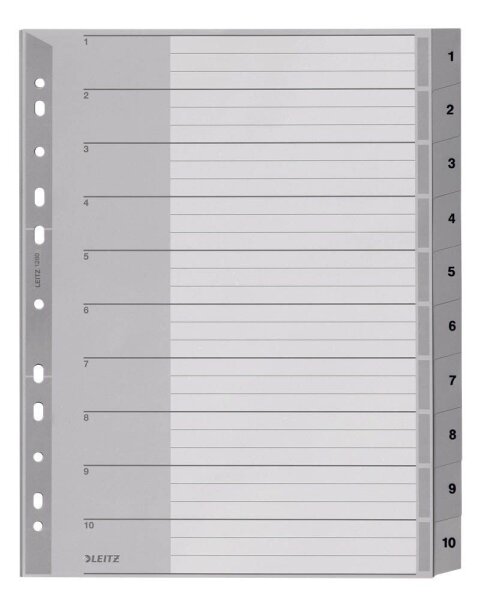 LEITZ Ordnerregister 1280 DIN A4 Vollformat, Überbreite 1-10 grau 10-teilig, 1 Satz