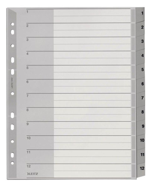 LEITZ Ordnerregister 1282 DIN A4 Vollformat, Überbreite 1-12 grau 12-teilig, 1 Satz