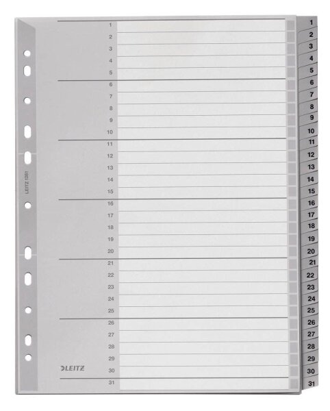 LEITZ Ordnerregister 1281 DIN A4 Vollformat, Überbreite 1-31 grau 31-teilig, 1 Satz