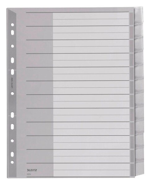 LEITZ Ordnerregister 1274 DIN A4 Vollformat, Überbreite blanko grau 12-teilig, 1 Satz