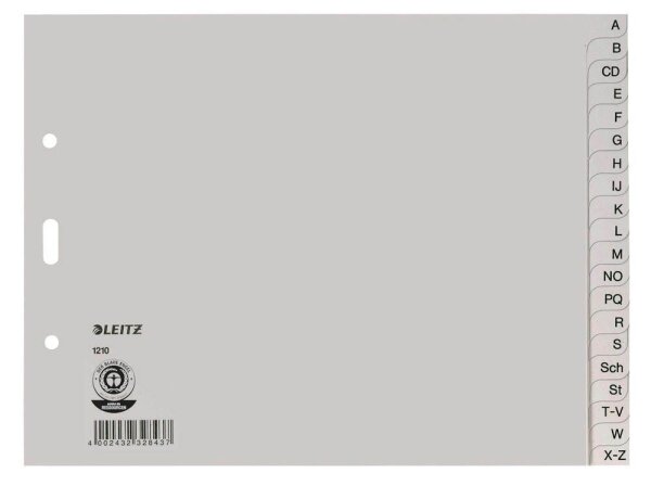LEITZ Ordnerregister 1210 DIN A4 Halbformat, Überbreite A-Z grau 20-teilig, 5 Satz