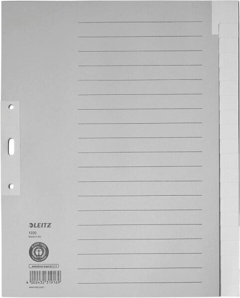 LEITZ Ordnerregister 1220 DIN A4 Vollformat, Überbreite blanko grau 20-teilig, 5 Satz