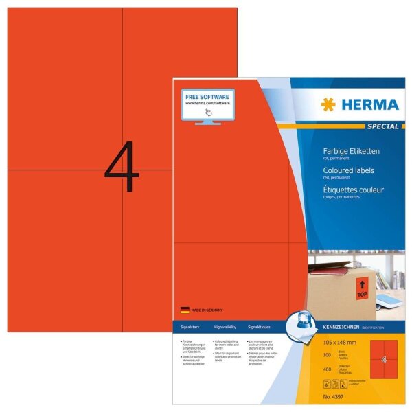 HERMA Etiketten 4397 rot 105,0 x 148,0 mm, 100 Blatt