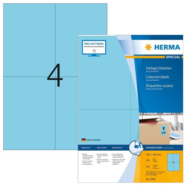 HERMA Etiketten 4398 blau 105,0 x 148,0 mm, 100 Blatt