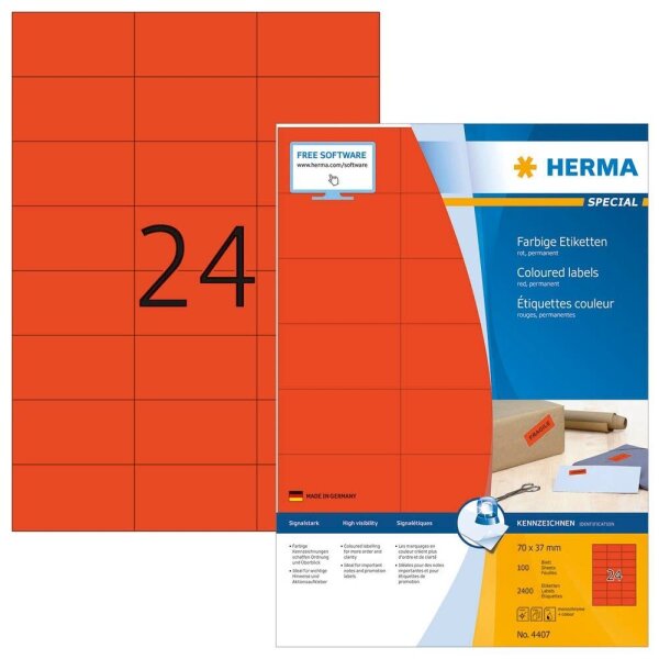HERMA Etiketten 4407 rot 70,0 x 37,0 mm, 100 Blatt