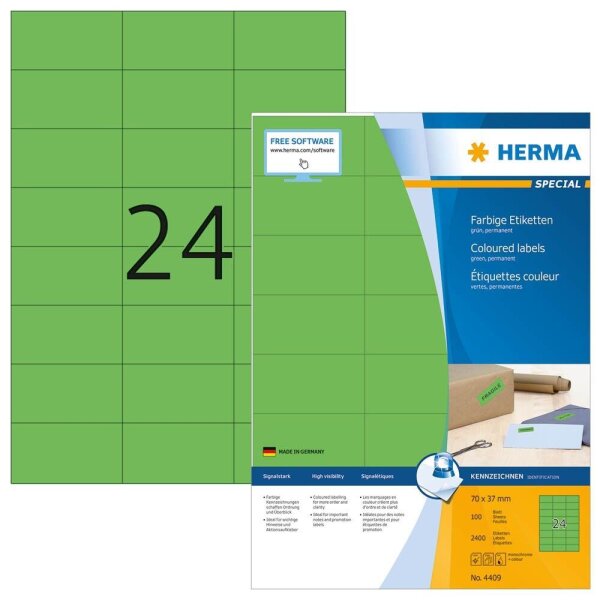 HERMA Etiketten 4409 grün 70,0 x 37,0 mm, 100 Blatt