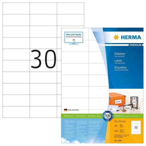 HERMA Etiketten 4456 weiß 70,0 x 29,7 mm, 100 Blatt
