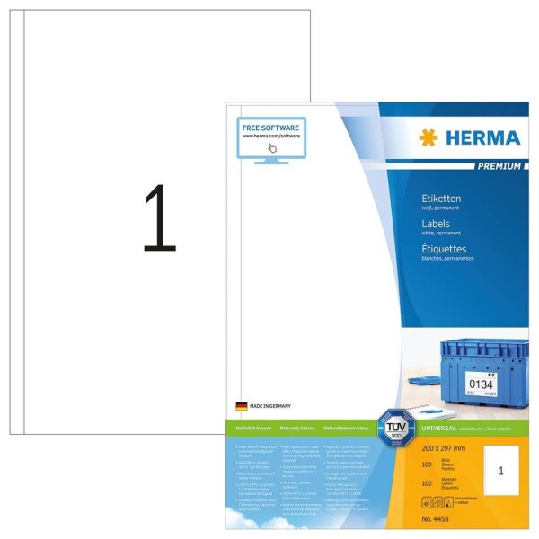 HERMA Etiketten 4458 weiß 200,0 x 297,0 mm, 100 Blatt