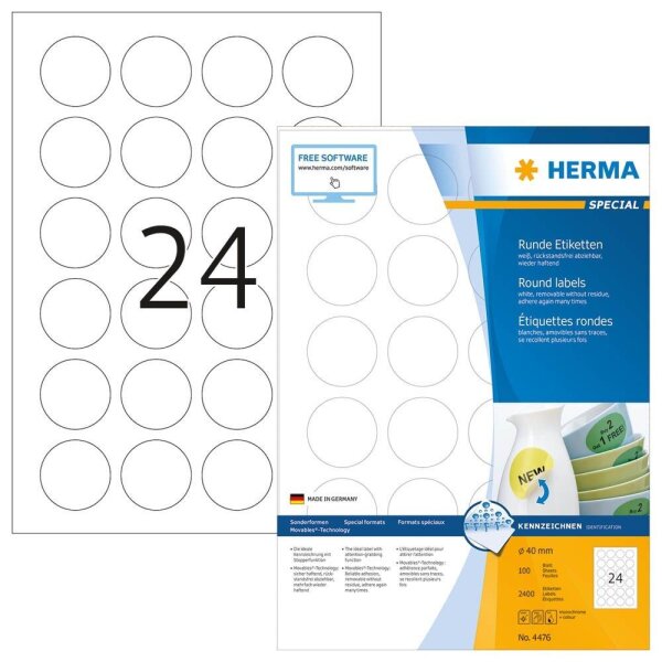 HERMA Etiketten 4476 weiß 40,0 x 40,0 mm, 100 Blatt
