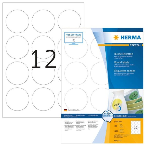 HERMA Etiketten 4477 weiß 60,0 x 60,0 mm, 100 Blatt