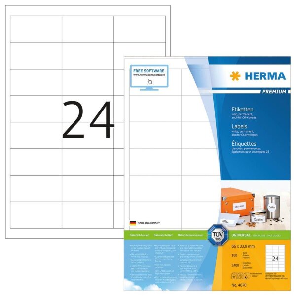 HERMA Etiketten 4670 weiß 66,0 x 33,8 mm, 100 Blatt