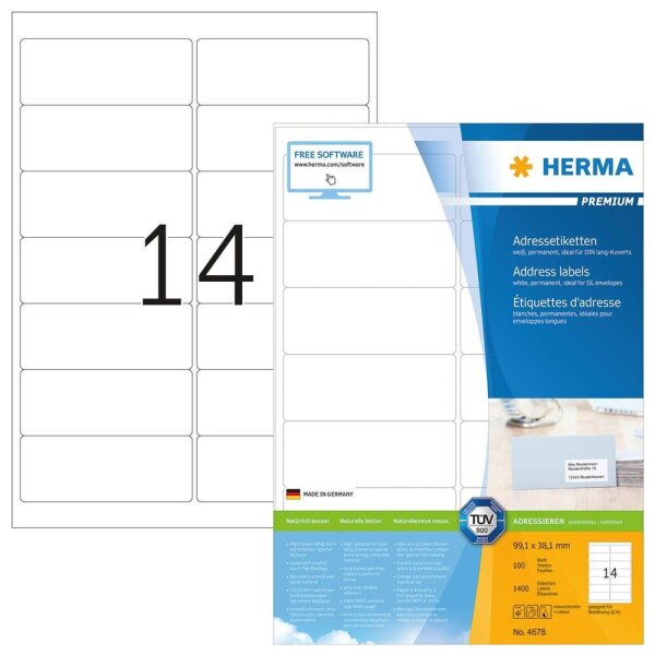 HERMA Etiketten 4678 weiß 99,1 x 38,1 mm, 100 Blatt
