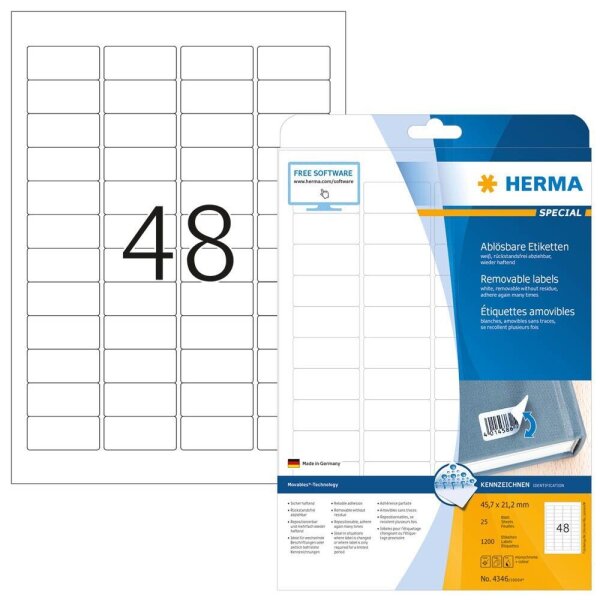 HERMA Etiketten 4346 weiß 45,7 x 21,2 mm, 25 Blatt