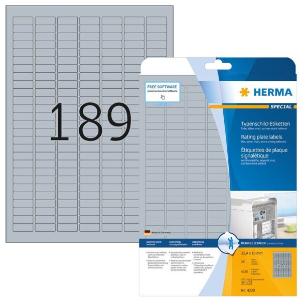 HERMA Typenschildetiketten 4220 silber 25,0 x 10,0 mm, 25 Blatt