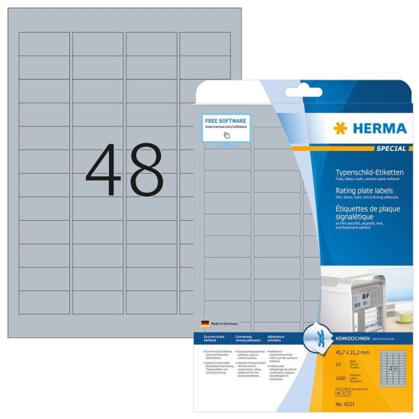 HERMA Typenschildetiketten 4221 silber 45,7 x 21,2 mm, 25 Blatt